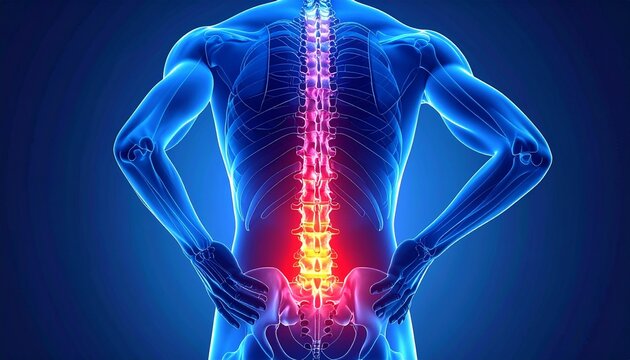 Medical illustration of human lower back with blue skeletal torso and glowing red-yellow lumbar spine indicating pain