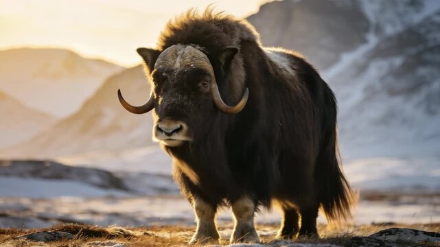 majestic musk ox eating on the arctic tundra at sunset greenland animal video