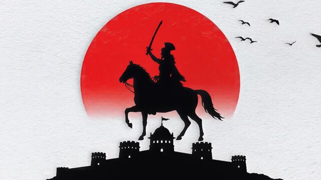 Shivaji Maharaj Warrior Silhouette Red Sun Maratha Empire