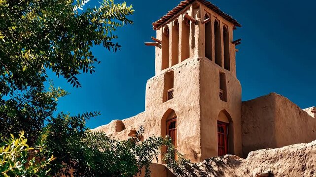 Traditional adobe windcatcher tower architecture stands against a clear deep blue sky, surrounded by desert landscape and green trees in low angle.