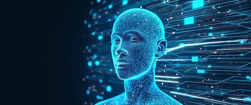 Digital human head with glowing network connections in profile, slowly rotating as the camera pans, surrounded by dynamic circuitry, in a futuristic, cinematic style.
