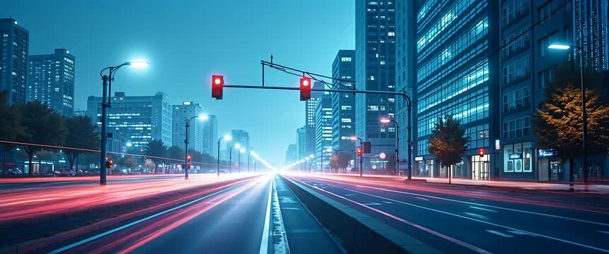 Cinematic urban nightscape with dynamic traffic light trails, camera smoothly panning along bustling city street, ambient lights flickering; ideal for travel, technology, and urban lifestyle projects.