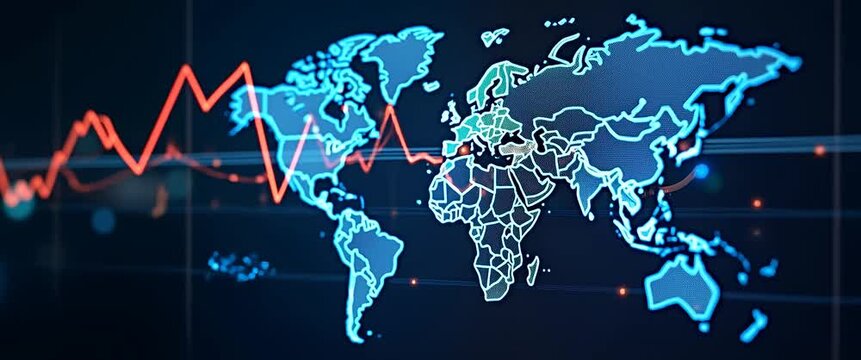 Global financial trends shift dynamically on a digital world map, with a slow pan across data charts, in a cinematic style that emphasizes economic analysis and technological innovation.