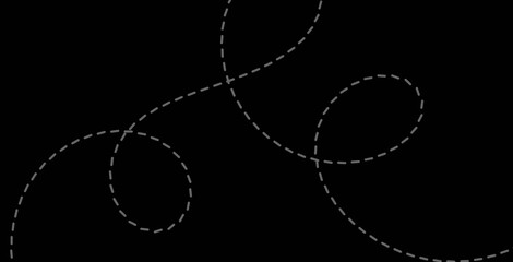 Minimalist black background with a grey swirly loop path abstract banner dashed line