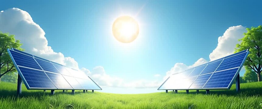 Solar panels glisten under a bright sun in a lush green field, with a slow cinematic pan capturing clouds drifting in the blue sky, symbolizing renewable energy and sustainability.