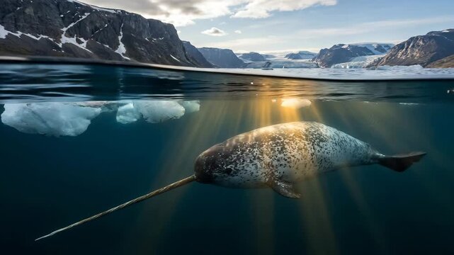 narwhal, monodon monoceros, in the deep fjords of east greenland animal zoom out video