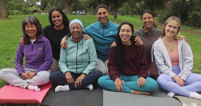 Happy multi generational women having fun together - Group of multiracial friends laughing on camera after yoga class outdoor