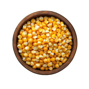 Fresh corn kernels in wooden bowl, top view, isolated