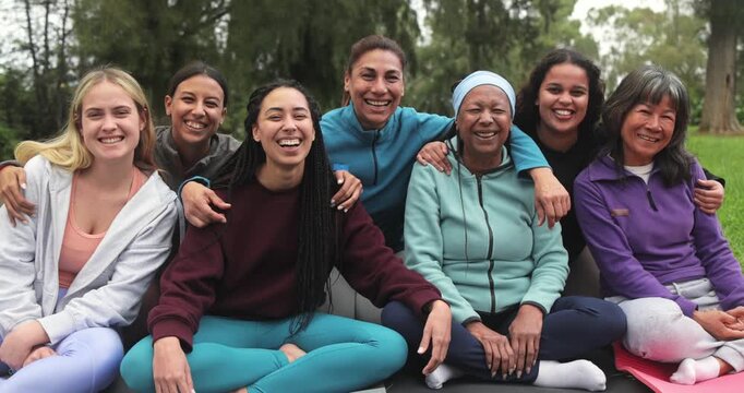 Group of happy multi generational women having fun together - Multiracial friends laughing on camera after yoga class outdoor