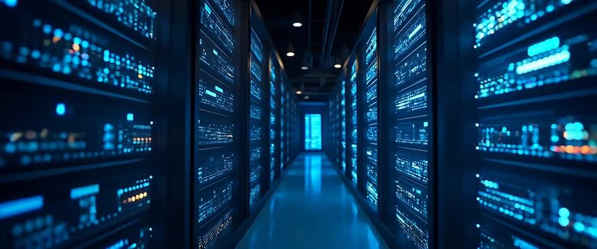Modern data center servers hum softly in a cinematic, low-light environment as the camera smoothly tracks through the aisle, highlighting the digital infrastructure and glowing LED indicators.