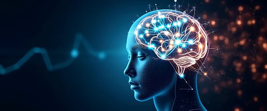 Cinematic side profile of a digital human brain with glowing neural connections, gently pulsing as the camera slowly pans, against a background of softly flickering light patterns, symbolizing technol