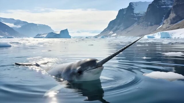 narwhal, monodon monoceros, in the deep fjords of east greenland animal zoom out video