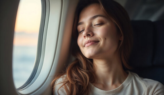 A young woman sitting near the airplane window.