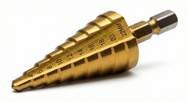 Professional conical step drill bit with titanium nitride coating for metal and woodworking, isolated on white background.