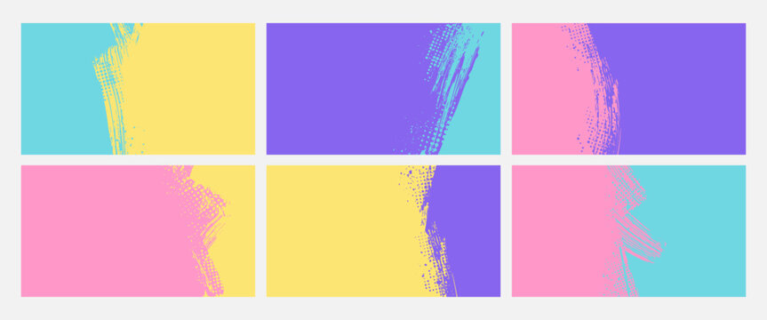 Vector illustration. Set of colorful grunge background templates with halftone dots, ink splatters, and brush strokes. Distressed panoramic wallpapers. Design for social media, web banner