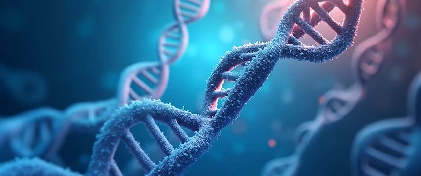 Dynamic DNA strands rotate gracefully in a 3D cinematic style, surrounded by ambient twinkling lights; the camera smoothly tracks the intricate, colorful molecular structure.