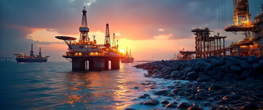 Majestic oil rigs illuminated at sunset with gentle ocean waves, as the camera slowly pans across the scene, capturing the industrial landscape in a cinematic, serene style.