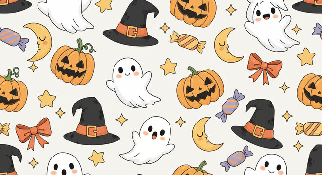 Cute Halloween seamless pattern with ghosts, pumpkins, witch hats, moons, stars, and candies on a light background, perfect for festive designs.