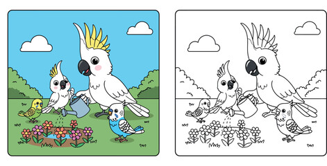 Cute cartoon cockatoo watering flowers in garden with baby and budgie friends. Happy parrot family gardening with watering can. Vector illustration for kids education and nursery art. © MstSangita