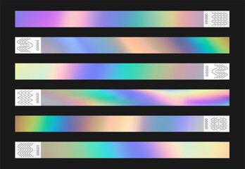 Fototapeta premium Holographic mockup ticket wristband, event bracelet with adhesive area. Color spectrum sticker template. Vector illustration EPS10
