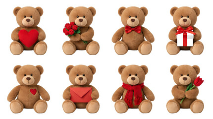 Fototapeta premium Brown teddy bear set including figures holding heart, roses, gift box, letter, tulip, and wearing scarf isolated. Valentine day celebration and romantic love concepts.