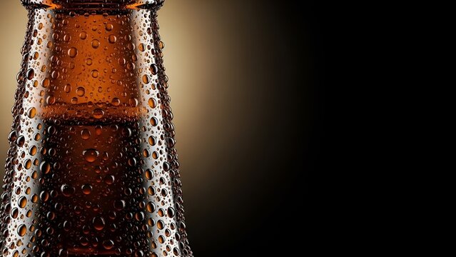 Close-up of a chilled brown glass bottle with condensation droplets.