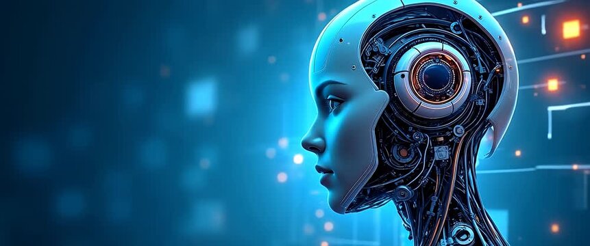 Futuristic robot gazes thoughtfully as digital data flows around, with a smooth camera pan revealing intricate cybernetic details in a cinematic style, perfect for technology and innovation themes.