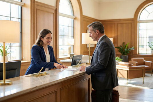 Professional Hotel Receptionist Assisting a Businessman at a Luxury Marble Check-in Counter