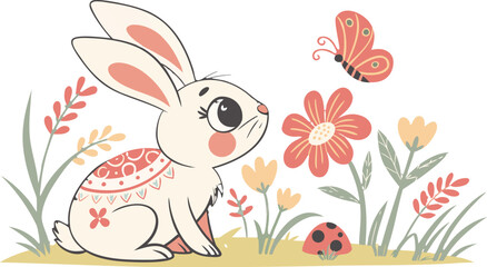 Fototapeta premium Easter poster and banner template with Easter eggs in the nest on light blue background.Greetings . Colourful easter banner with bunnies, eggs and flowers. Vector