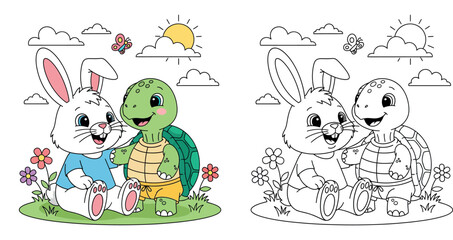 Cute cartoon rabbit and turtle friends. Vector illustration of happy bunny and tortoise characters sitting in nature with sun and flowers. The Tortoise and the Hare fable concept for kids. © MstSangita