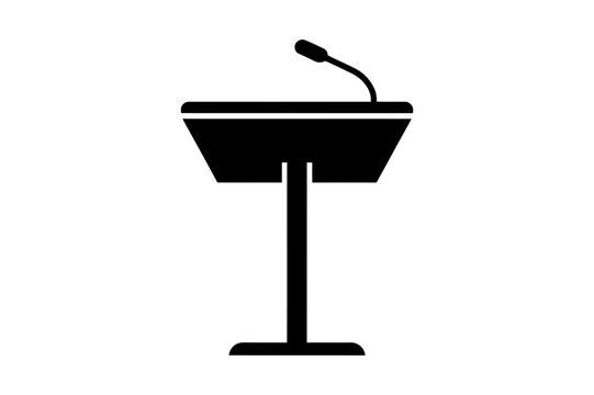 A minimalist black silhouette of a podium with a microphone on a white background