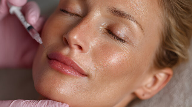 Aesthetic practitioner administers fat burning injections for a woman s chin cheeks and neck to address double chin in a salon setting