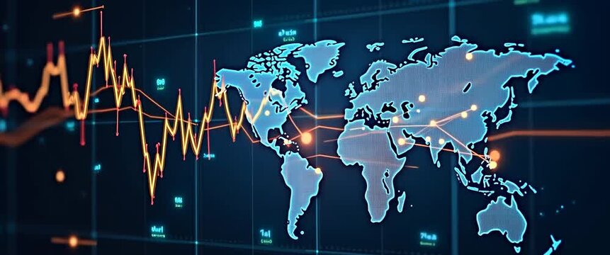 Dynamic financial data graphs animate over a glowing world map; slow pan across the scene in a cinematic style, with ambient lights flickering to enhance the global business theme.