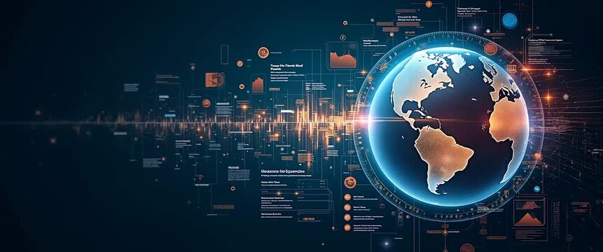 Cinematic digital globe rotates amidst dynamic data charts, with a slow camera pan revealing futuristic technology concepts and ambient light flicker, ideal for tech innovation themes.