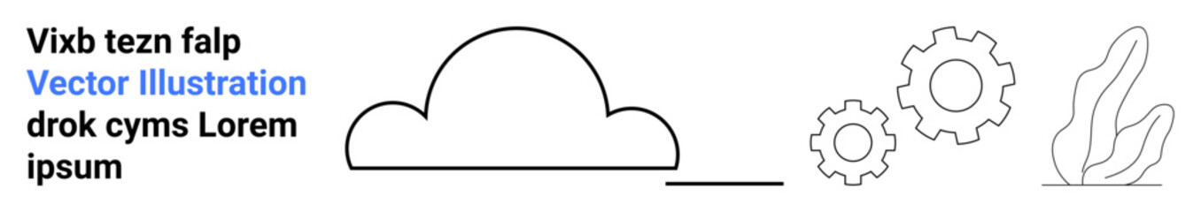 Cloud storage, digital collaboration, automation, technology design, data management, innovation. Minimalist cloud, gears and abstract plant. Cloud storage and digital collaboration theme