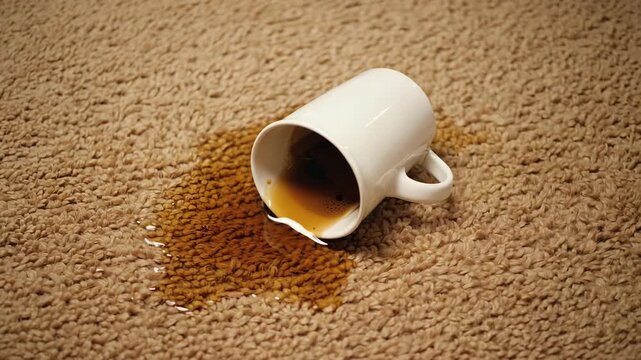 Spilled Coffee Mug on Carpet, accident cleanup concept