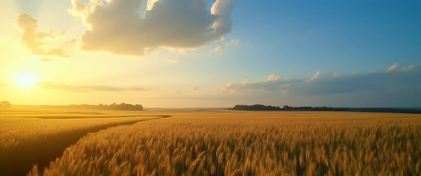 Golden wheat fields sway gently under a glowing sunset, while a slow cinematic pan reveals tranquil rural landscapes, capturing the serene beauty of nature's evening light.