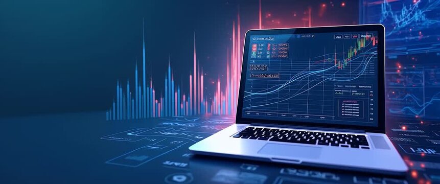 Laptop displaying dynamic stock market graph with flickering city lights in the background, camera slowly pans right, creating a cinematic finance and technology scene.