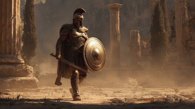 Spartan Hoplite in Bronze Armor with Shield and Sword on a Dusty Ancient Battlefield