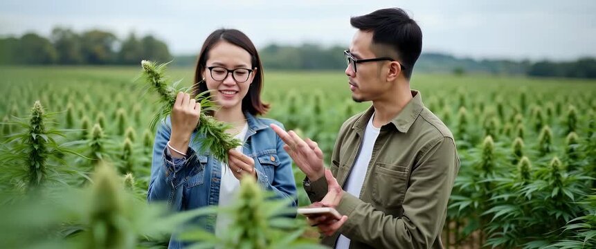 Young couple examines lush cannabis plants in a vast field, as the camera gently pans across the serene landscape, capturing a cinematic view of sustainable agriculture and nature�s bounty.