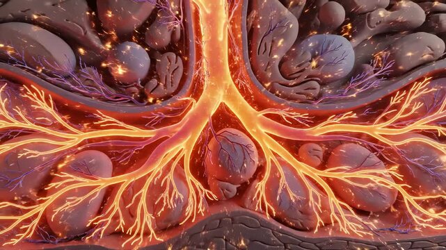 Melatonin pathways reduce metabolic heat, shown as subtle cooling gradients. Wake-cycle hormones raise warm-toned pulses across tissues, representing increased daytime temperature
