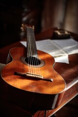 Fototapeta premium Still life of an acoustic classical guitar with sheet music and metronome