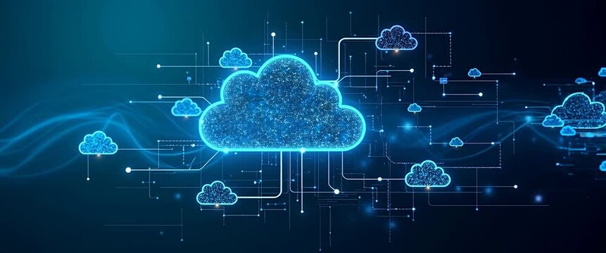 Glowing digital cloud icons float seamlessly as the camera slowly pans across a futuristic, cinematic network landscape, highlighting advanced technology and data connectivity in a dynamic, ambient sc