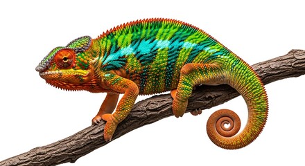 Obraz premium A vibrant panther chameleon clings to a branch displaying its colorful scales