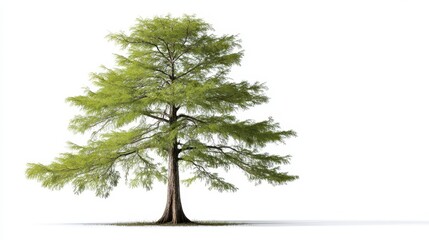 Studio photograph of a tall bald cypress with feathery foliage on white