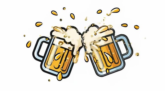 Two Beer Mug Toast Cheers Celebration, Clinking with Splash Effect, Cartoon Illustration Style