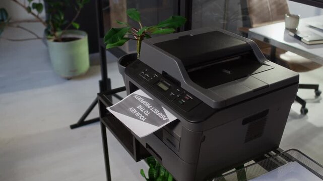 High angle no people shot of black office printer on metal stand with lush plants in organized modern design bureau