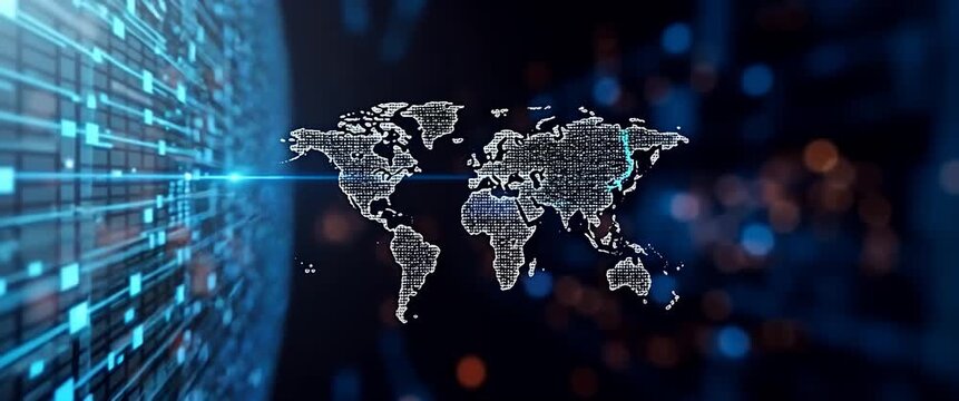 Digital world map pulses with data flow, as the camera slowly pans across a futuristic, glowing network interface; cinematic, tech-focused ambiance with dynamic light movements.