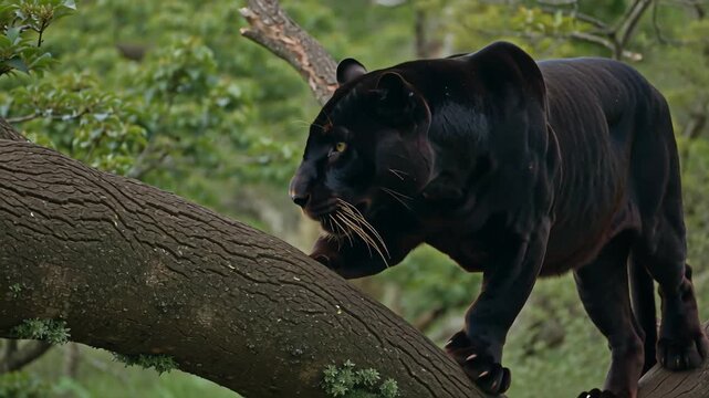 A majestic black leopard cautiously walks through a lush, dense forest environment in the wild.