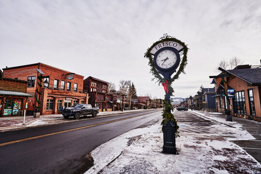 The iconic Frisco clock located on Main Street in Frisco, Colorado. 